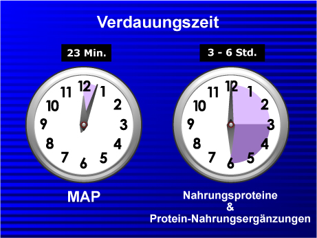 23 minute digestion time for MAP versus 3 to 6 hours for dietary proteins